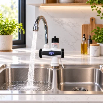 Ngrohës elektrik uji prej inoksi me përmasa 32 x 15 x 6 cm dhe bazë montimi 5 cm