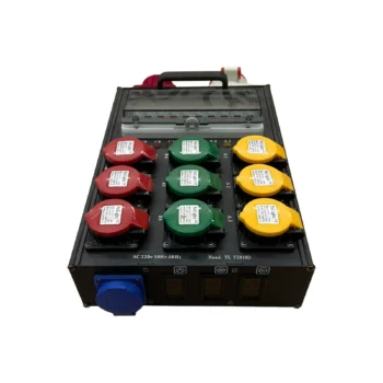 Panel elektrik YL FZ010D me 3 priza të kuqe, 3 të gjelbra dhe 3 të verdha, secila 16A dhe 220–250V.