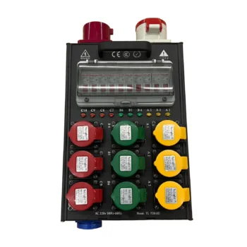 Panel shpërndarës elektrik portativ YL FZ010D me 9 priza industriale, 10 automatë mbrojtës dhe tregues LED.