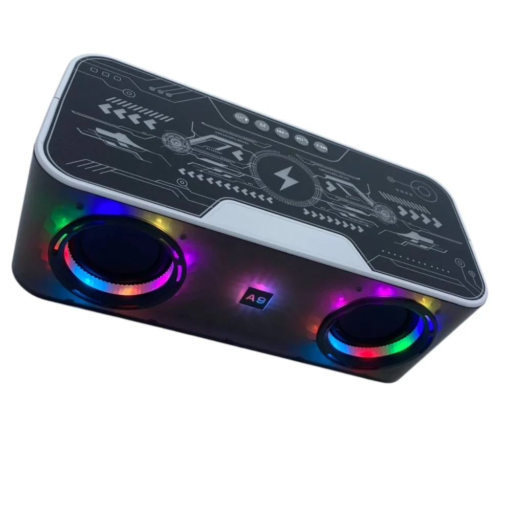 Boks Bluetooth HM-A9 me drita LED, bateri 1200mAh dhe dalje audio 2x5W në sfond të bardhë.