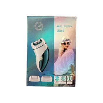 Set epilatori elektrik 3n1 V-731 me indikator LED që sinjalizon nevojën për karikim, i pajisur me 3 koka funksionale, fishë karikuese dhe furçë pastrimi të përfshirë në paketim