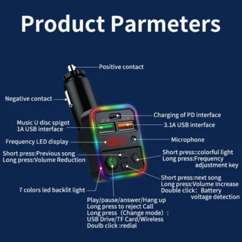 MP3 për makinë me LED RGB dhe tregues voltazhi 12-24V