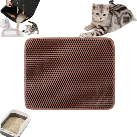 Tapet multifunksional për mace me përmasa 90 x 60 cm, me sipërfaqe të gjerë për vendosjen e tasit me rërë, ushqimit dhe aksesorëve të maces, duke ndihmuar në mbledhjen e rërës dhe papastërtive