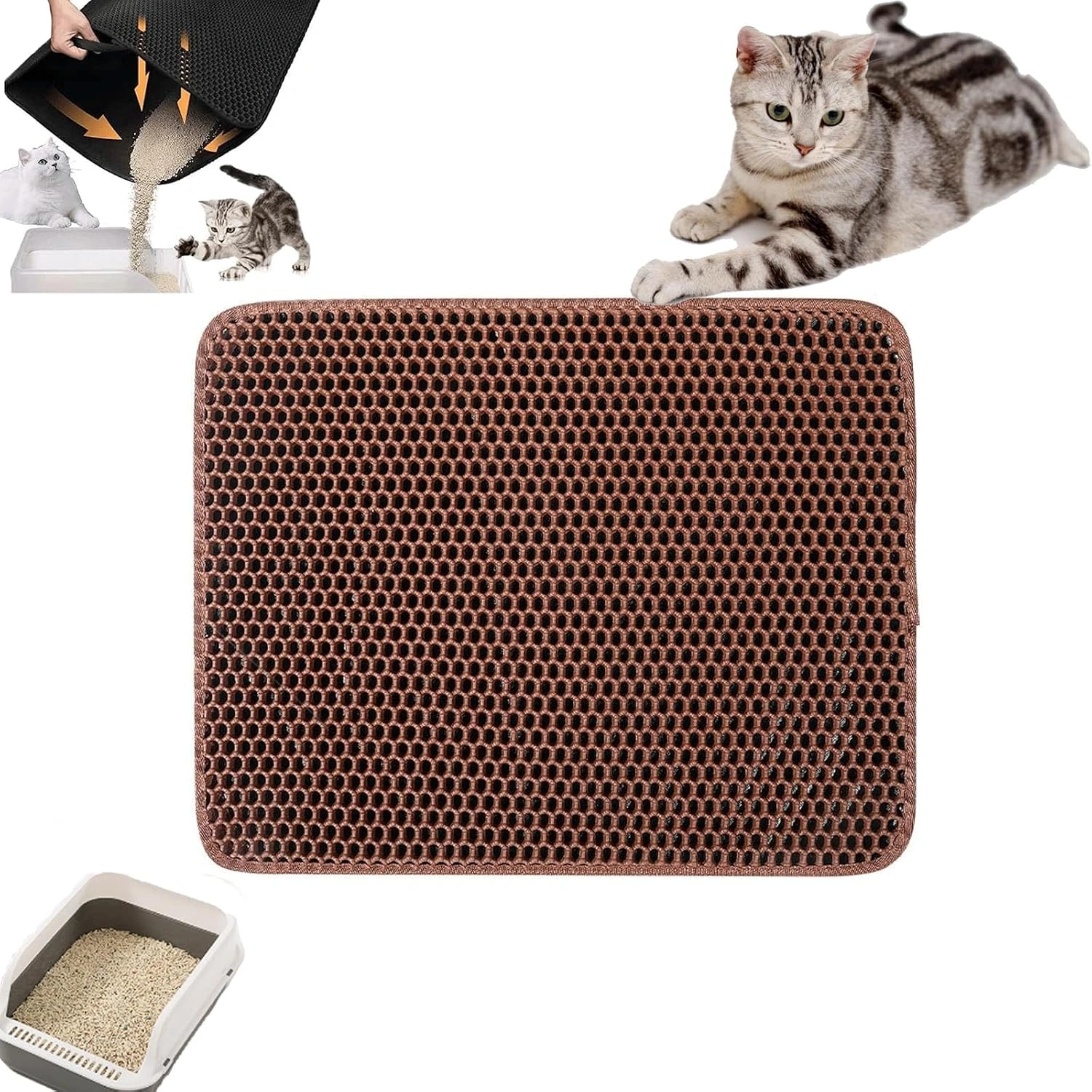 Tapet multifunksional për mace me përmasa 90 x 60 cm, me sipërfaqe të gjerë për vendosjen e tasit me rërë, ushqimit dhe aksesorëve të maces, duke ndihmuar në mbledhjen e rërës dhe papastërtive