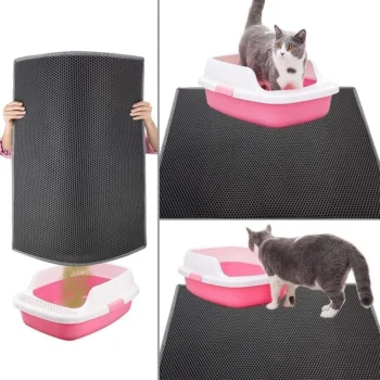 Tapet rezistent kundër ujit për mace me përmasa 90 x 60 cm, i përshtatshëm për rërën, ushqimin dhe pushimin e maces, me sipërfaqe që pastrohet lehtësisht me ujë ose duke e shkundur