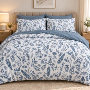 Set çarçafësh me 4 pjesë, përfshin jorgan të hollë, çarçaf dhe 2 këllëfë jastëku, material 100% poliester dhe përmasa 200x230 cm