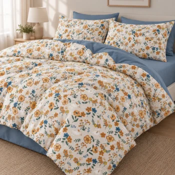 Set krevati 200x230 cm me një jorgan të hollë, një çarçaf dhe dy këllëfë jastëku, i përshtatshëm për larje në lavatriçe