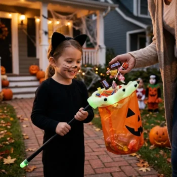 Çantë lodër portokalli për Halloween, me formë pëllëmbe dhe hapësirë për mbledhjen e embëlsirave dhe lodrave.