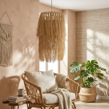 Abazhur dekorativ me varje dhe thurje ratani që ngjan me kashtën, me gjatësi 56 cm dhe diametër 27 cm për ambiente të ndryshme të brendshme