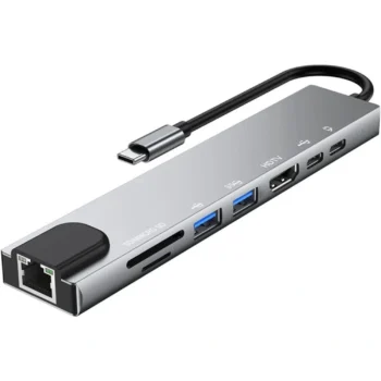 Adapter multifunksional USB-C 8 në 1 me HDMI, 2 USB, 2 Type-C, SD, TF dhe RJ45, me funksion Plug & Play, dizajn kompakt dhe të lehtë dhe mbështetje për transferim të shpejtë të të dhënave