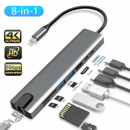 Adaptor Type-C 8 në 1 me 2 porta Type-C, HDMI, 2 porta USB, lexues kartash SD dhe TF dhe portë RJ45 për lidhje me pajisje të ndryshme, ekrane të jashtme dhe rrjet kabllor