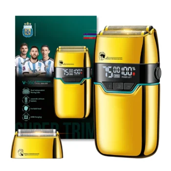 Makinë rroje V-350 në ngjyrë gold me mini ekran LED, bateri litiumi 1200mAh, 3 nivele shpejtësie dhe dy koka për flokë dhe mjekër