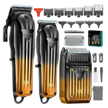 Set profesional V-644 me tre makina të karikueshme, koka me gjatësi të ndryshme, ekran LED, dy fisha karikimi USB dhe aksesorë për pastrim e mirëmbajtje