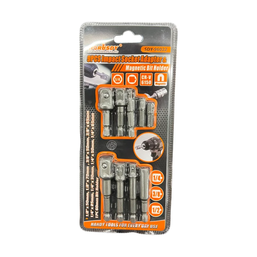 Set adaptorësh për videolog elektrik me 9 pjesë, dalje 1/4" dhe material rezistent krom-vanadium.