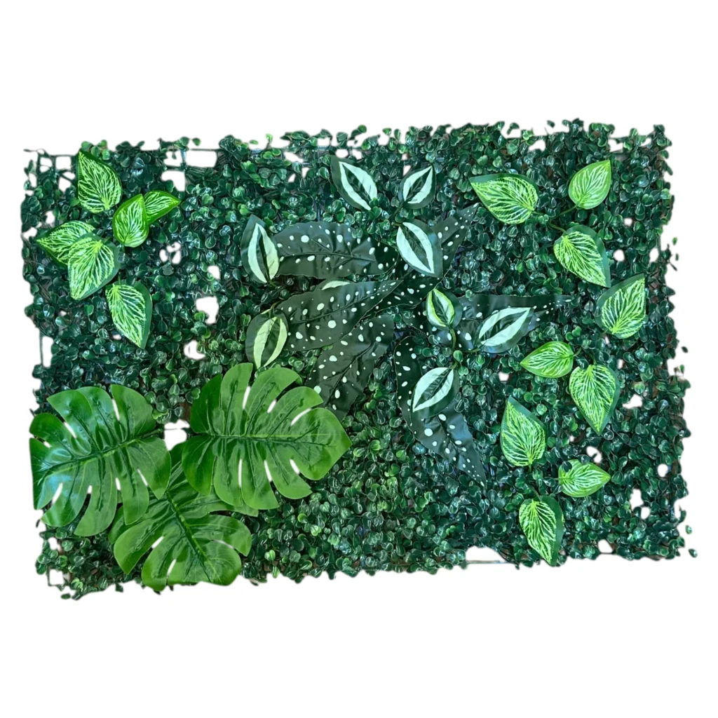 Gardh dekorues me gjethe artificiale të ndryshme 60x40cm me pamje natyrale për dekorim ambienti