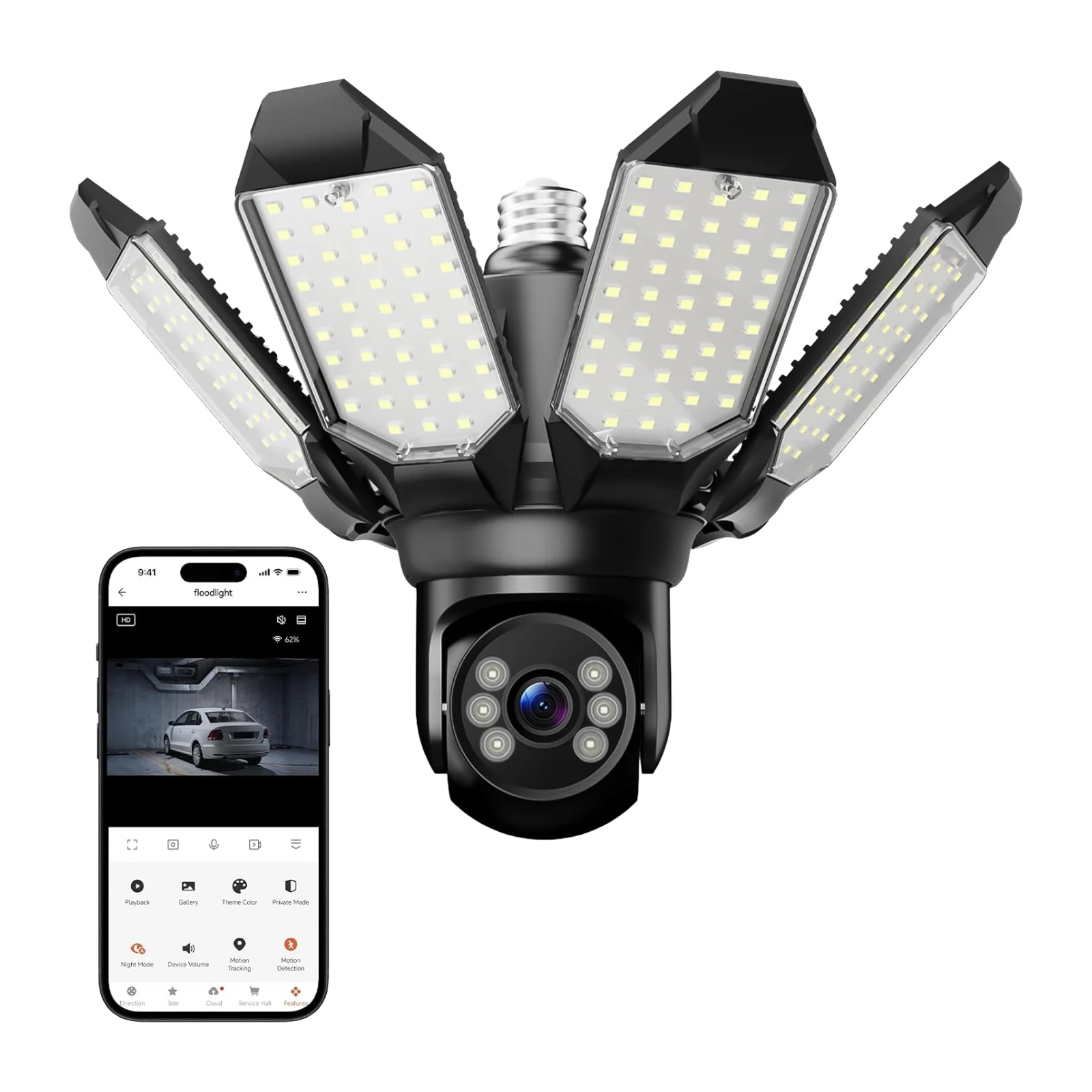 Kamerë sigurie 360° në formë portollambe me dritë LED të integruar