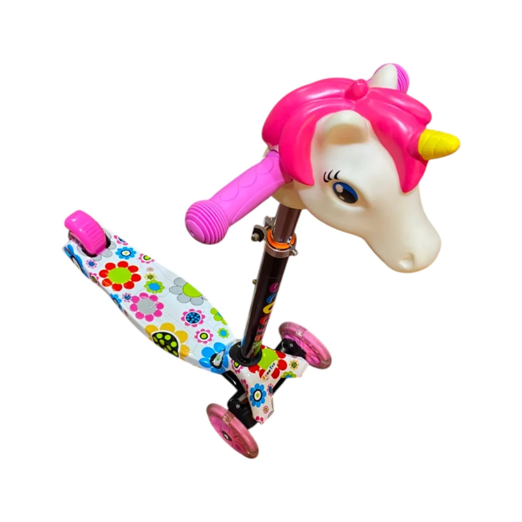 Monopatinë mekanike për fëmijë me dizajn Pony, tre rrota dhe platformë antirrëshqitëse në ngjyrë rozë