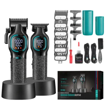 Set Clipper dhe Trimmer V-886 me bateri 4600mAh dhe 1600mAh, motor 9000 RPM, 10 krehra limitë, bazë karikimi dhe kabllo USB