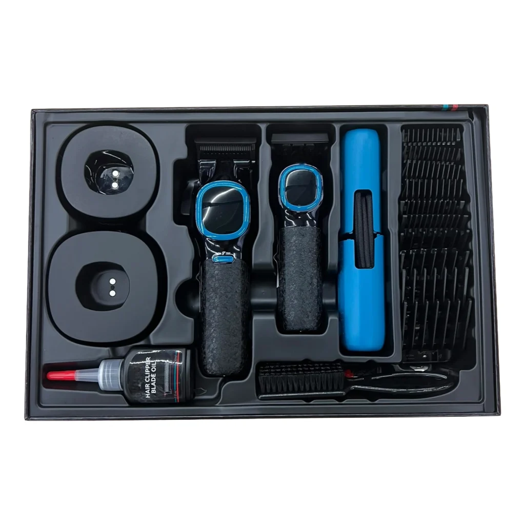 Set profesional V-886 me clipper dhe trimmer, motor Turbo deri në 9000 RPM, tehe qeramike me veshje DLC, bazë karikimi dhe aksesorë të shumtë