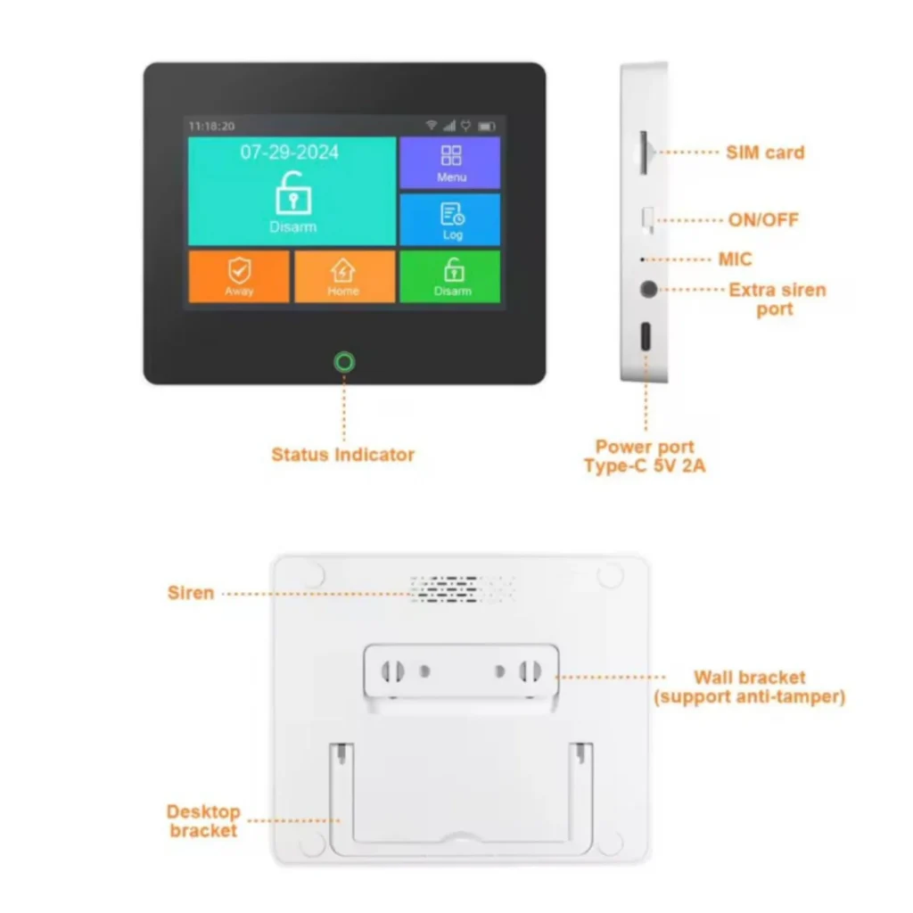 Kit alarmi sigurie Tuya me panel me prekje, sensor lëvizjeje PIR dhe sensor dere ose dritareje për shtëpi e biznese.