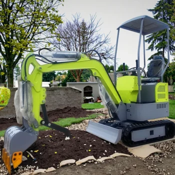 Mini eskavator HY-12 me sistem hidraulik dhe komanda manuale me leva për kontrollin e krahut dhe kovës.