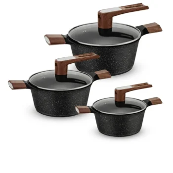 Set profesional HR105-1 me 3 tenxhere alumini, veshje Ultra Non-Stick dhe kapakë xhami