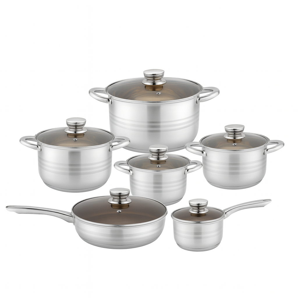 Set profesional HR172-8 me tenxhere dhe tigan inox, kapakë xhami dhe doreza në nuancë bronzi