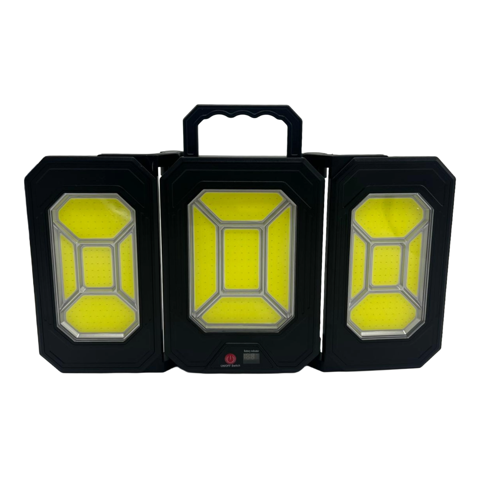 Ndriçues LED për kamping, modeli YD-2337, me stativ teleskopik dhe tre panele ndriçimi të palosshme.