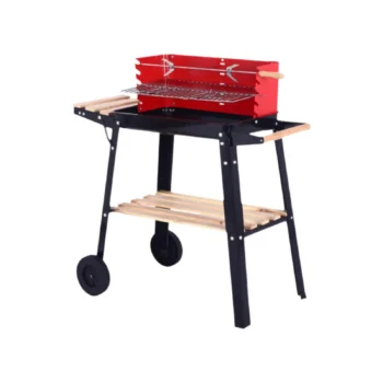 Zgarë barbecue me qymyr, rrota dhe tavolinë anësore për gatim në oborr, ballkon dhe ambiente të jashtme.