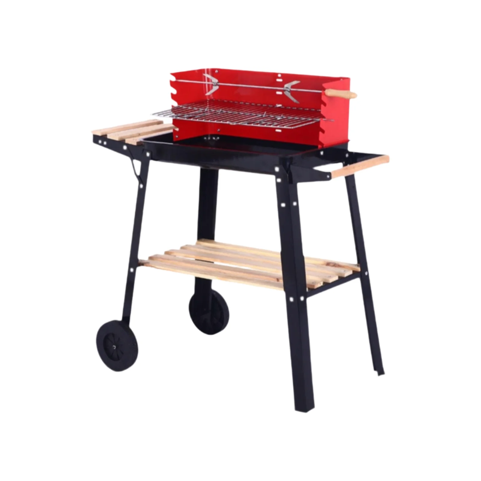 Zgarë barbecue me qymyr, rrota dhe tavolinë anësore për gatim në oborr, ballkon dhe ambiente të jashtme.