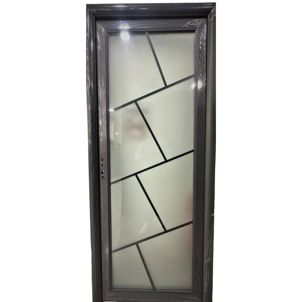 Derë alumini me xham në ngjyrë gri, me dizajn modern dhe përmasa 200x80 cm për ambiente të ndryshme