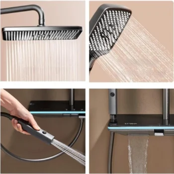 Panel drejtues LCD 40x14 cm me 4 butona dhe hapësirë për vendosjen e sapunit ose shampos.
