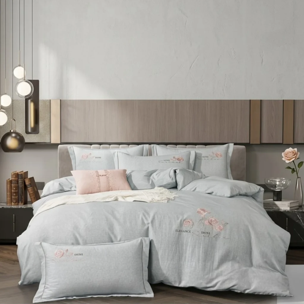 Set dopio çarçafësh 4 pjesë 250x270 cm me këllëf jorgani me zinxhir, çarçaf të madh dhe 2 këllëfë jastëku për dhomë gjumi elegante.