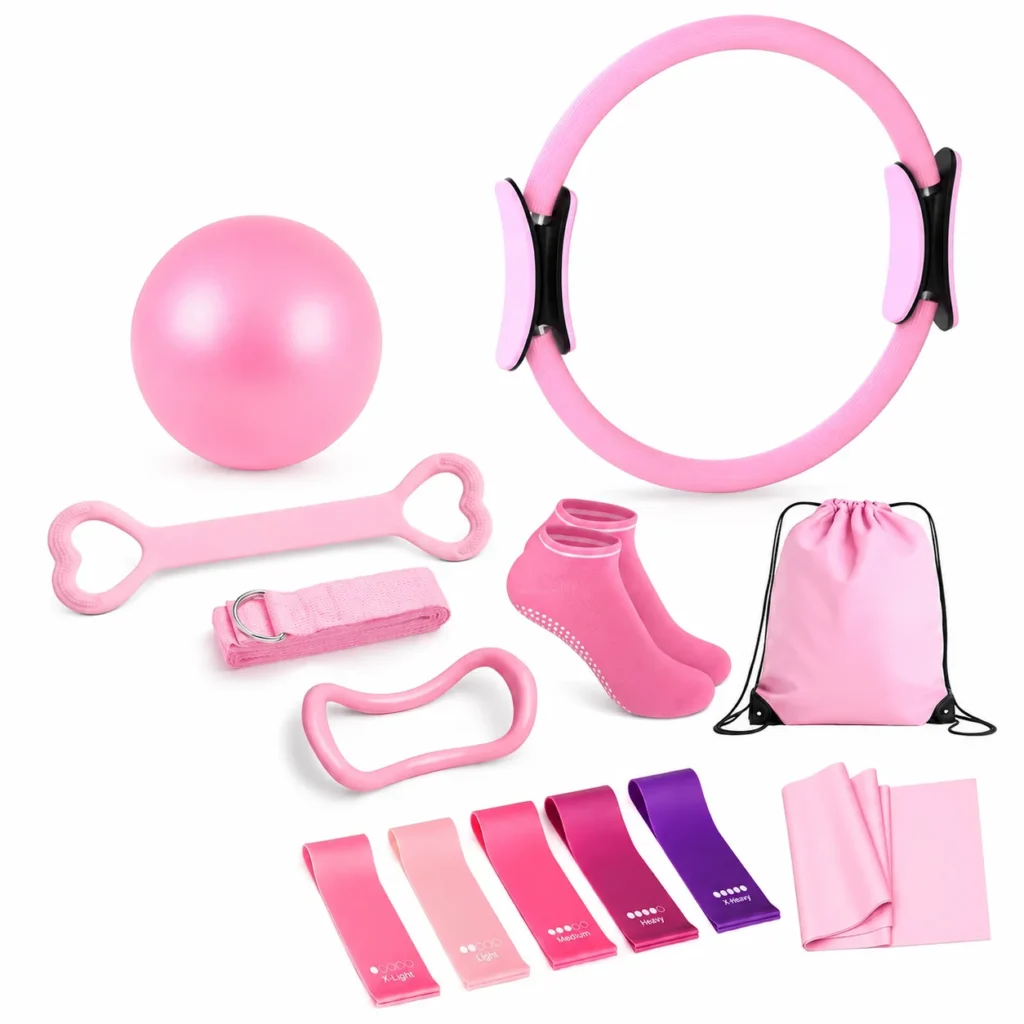 Set Pilates 9 në 1 me unazë Pilates, shirita rezistence, top ushtrimesh dhe aksesorë yoga për stërvitje në shtëpi.