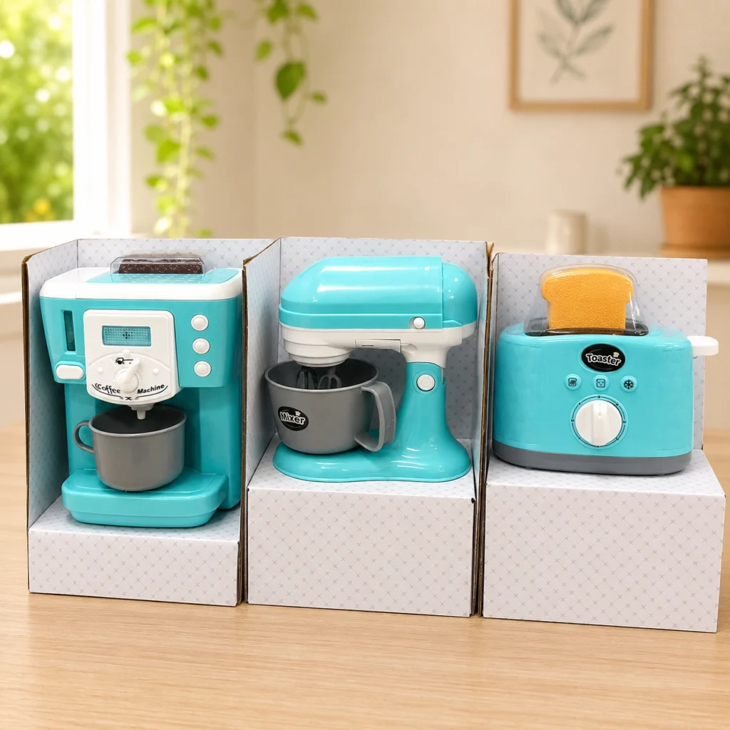 Set kuzhine për fëmijë me toaster, mikser dhe ekspres kafeje për lojë kreative mbi 3 vjeç.