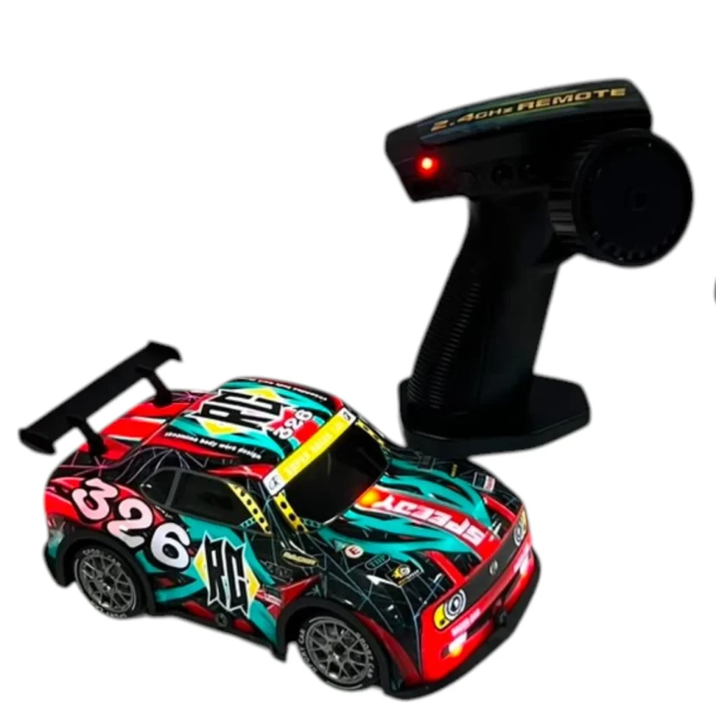 Makinë me telekomandë për drift me bateri Lithium 3.7V, sistem 4WD dhe drita LED mbi sfond të bardhë.