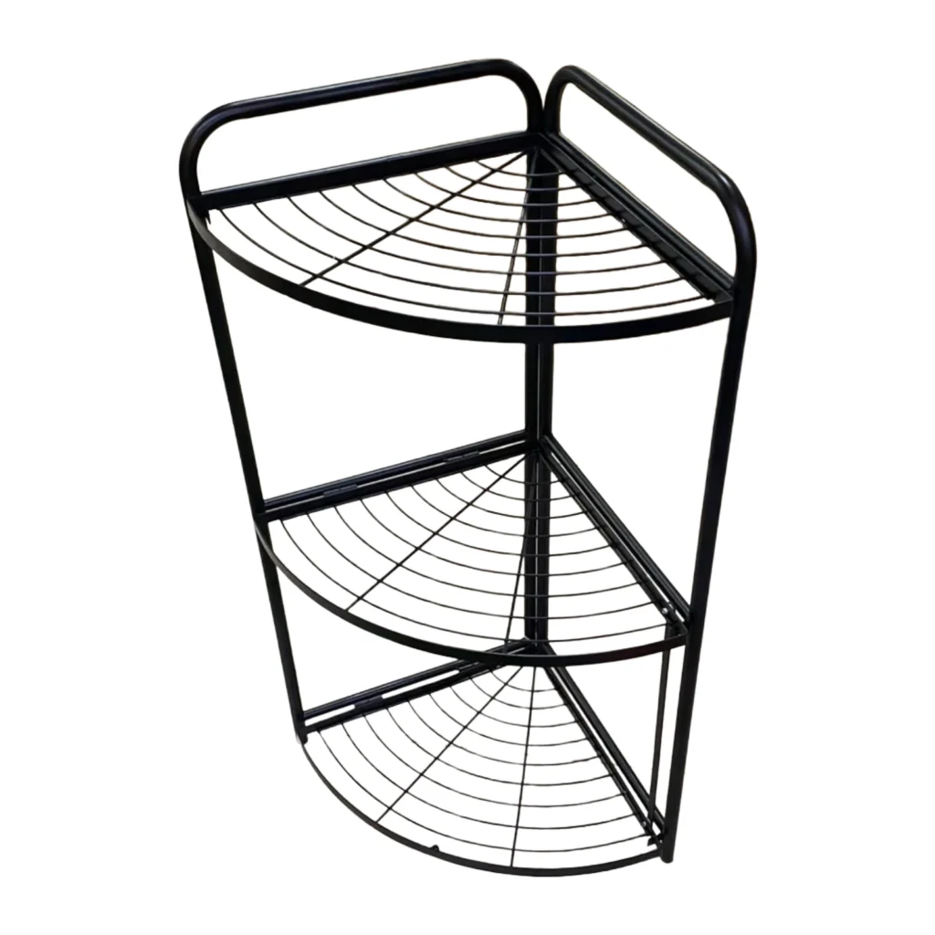 Raft metalik organizues me 3 kate, përmasa 85x36 cm dhe ngjyrë të zezë për organizimin e ambienteve