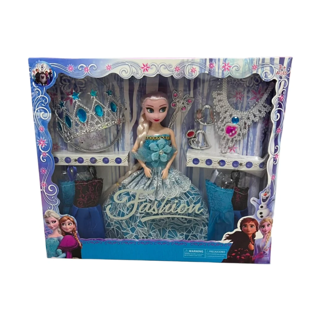 Kukull Frozen për vajza mbi 3 vjeç, me veshje dhe kurorë, ideale për lojë kreative dhe imagjinative.
