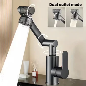 Rubinet universal për lavaman me rrotullim 360° dhe dy mënyra përdorimi, i përshtatshëm për ujë të ngrohtë dhe të ftohtë, me sipërfaqe të trajtuar me bojë dhe aksesorë instalimi