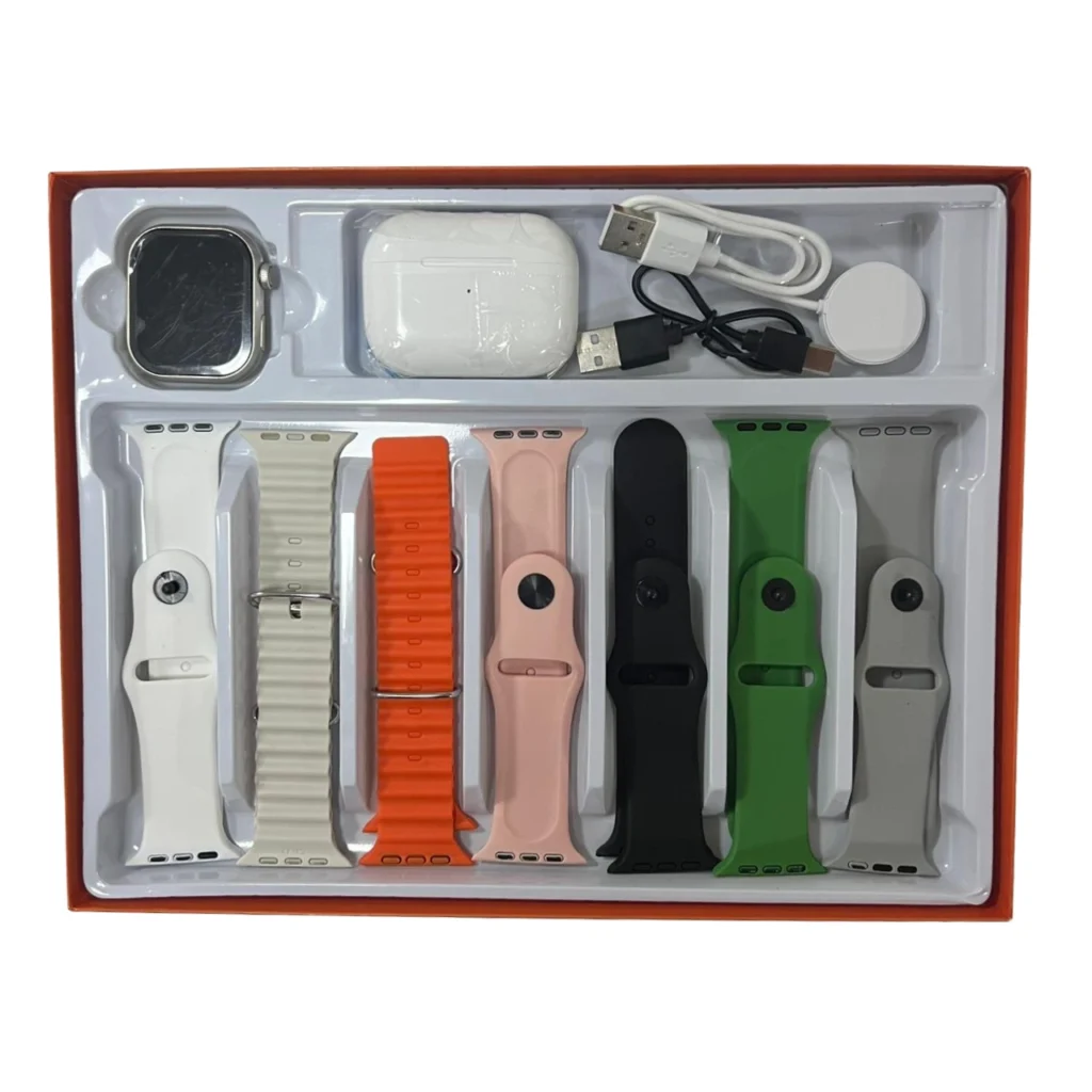 Set smartwatch me 7 rripa të ndërrueshëm në ngjyra të ndryshme, kufje wireless Bluetooth TWS, karikues wireless dhe fishë USB Type-C, ideal për përdorim të përditshëm