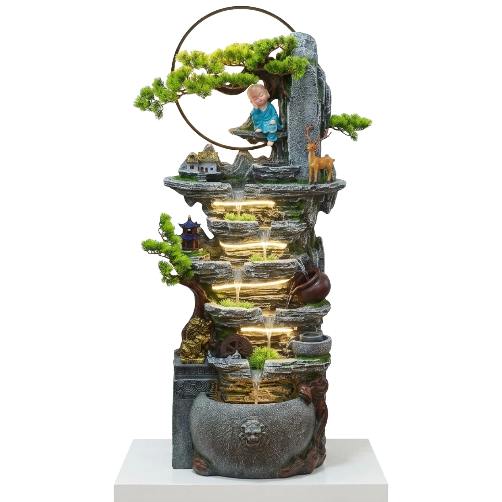 Shatërvan ambiental me drita LED, rrasa shkëmbinjësh dhe ujëvarë, me përmasa 143 x 37 x 47 cm