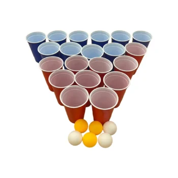Lojë Beer Pong me 20 gota të kuqe dhe blu dhe 6 topa për 2 deri në 4 lojtarë, e përshtatshme për festa dhe argëtim familjar