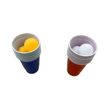 Lojë tavoline Beer Pong për fëmijë dhe të rritur me gota të kuqe dhe blu dhe topa në dy ngjyra për lojë individuale ose me ekipe