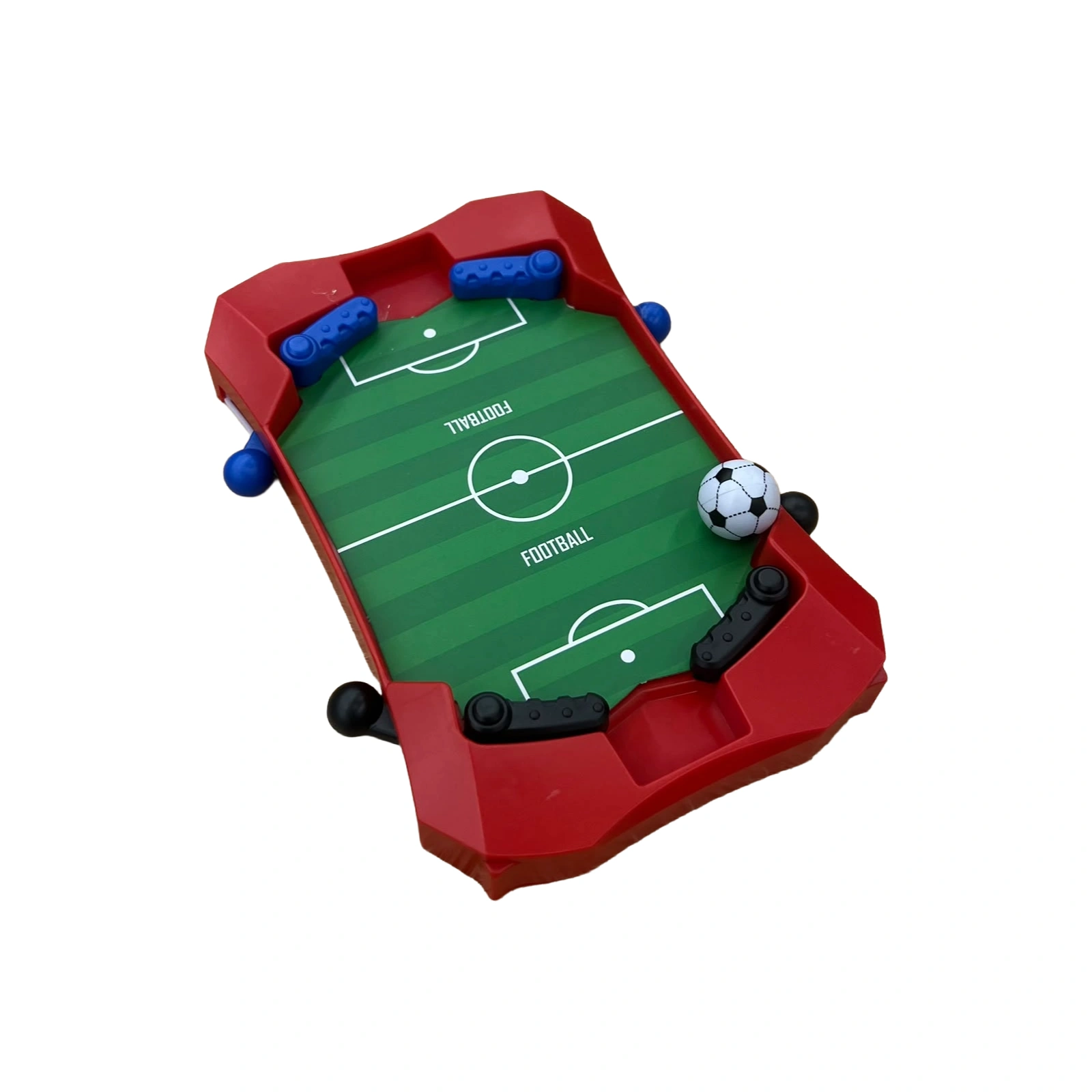 Mini lojë futbolli për fëmijë me fushë të gjelbër, strukturë të kuqe, top dhe leva kontrolli anësore, e përshtatshme për 2 lojtarë mbi 3 vjeç