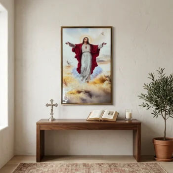 Pikturë dekorative me figurën e Krishtit, punim me bojëra vaji, efekt tridimensional 3D dhe kornizë plastike