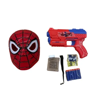 Pistoletë lodër 2në1 Spider-Man me maskë me drita, plumba të butë dhe sfera xheli me ujë, e rekomanduar për fëmijë 3+ vjeç
