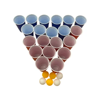 Set Beer Pong me 20 gota në dy ngjyra dhe 6 topa të bardhë e të verdhë për lojë në tavolinë dhe aktivitete në grup