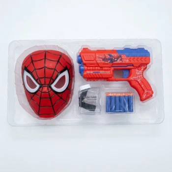 Set Spider-Man për fëmijë me maskë ndriçuese, pistoletë lodër dhe aksesorë për përdorim me plumba të butë ose sfera xheli