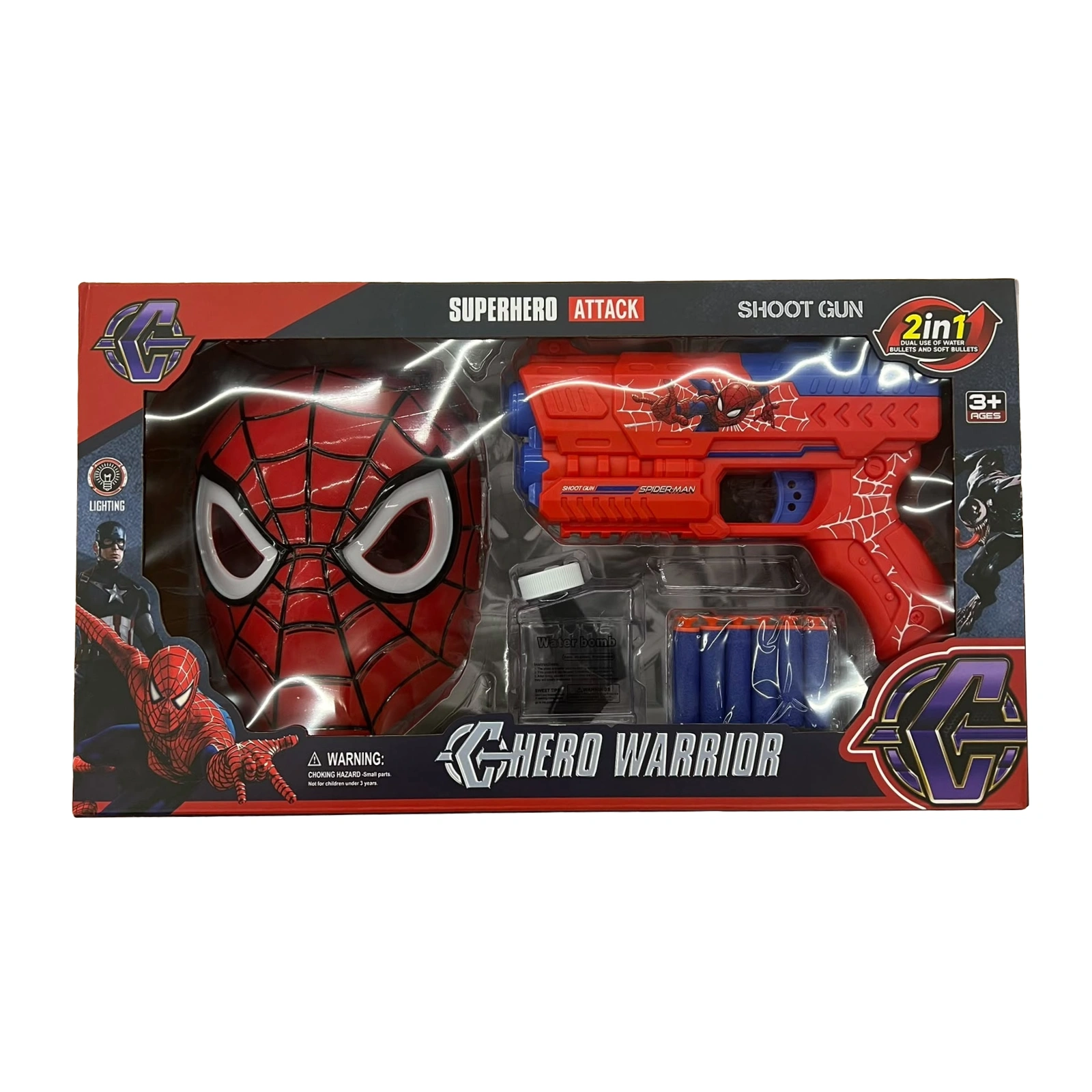 Set lodër Spider-Man me maskë me drita dhe pistoletë 2në1 për plumba të butë dhe sfera xheli me ujë për fëmijë
