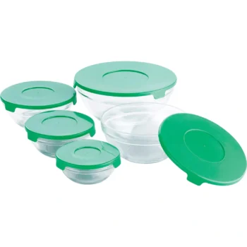 Set me pesë tasa qelqi në madhësi të ndryshme me kapakë plastikë hermetikë për ruajtjen e ushqimeve